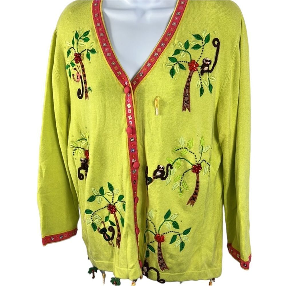 Vintage ladies embroidered monkey sweater cardigan size Medium